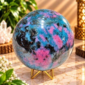 Puede incluir: Una piedra preciosa esférica pulida que presenta una mezcla vibrante de inclusiones minerales en azul brillante, rosa intenso y negro. La piedra lisa y redondeada descansa de forma segura sobre un soporte de metal dorado de tres patas.