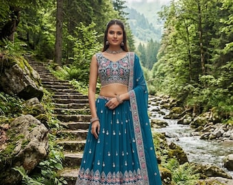 Blue Lehenga Choli For Women Embroidered & Sequins Lengha Indian Wedding Party Wear Outfit
