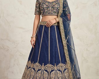 Navy Blue Slub Silk Lehenga Choli Set   Custom Made Lengha Indian Outfit For Women