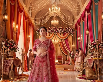 Lehenga Choli rojo para mujer con bordados y lentejuelas, ropa nupcial india para bodas.