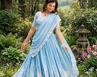 Sky Blue Georgette Lehenga Choli For Women Sequence Embroidery Work India Party Wear Lengha