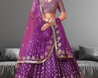 Conjunto de lehenga choli morado con bordado, ropa de boda india, atuendo de dama de honor Lahenga