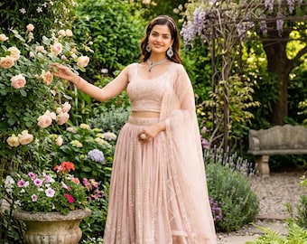 Persika Lehenga Choli Set Broderat, Sekvensarbete Indiskt Bröllopsoutfit Funktionsfestkläder Lengha