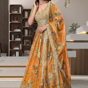 Orange Organza Lehenga Choli For Women Party Wear lahenga  Printed Indian Wedding Wear Outfit