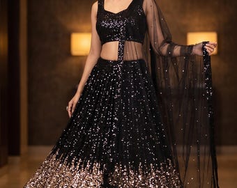 Ensemble Lehenga Choli en Georgette Noire Bicolore à Sequins, Tenue de Fête Indienne Scintillante