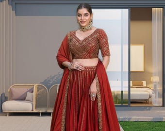 Conjunto de Lehenga Choli rojo con lentejuelas para trabajo, ropa de boda india, vestido de dama de honor, traje personalizado