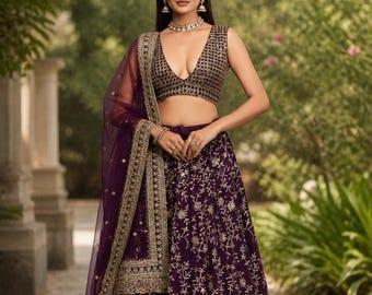 Conjunto de lehenga choli de georgette morado para mujer, lengha bordado, atuendo para fiestas y recepciones.