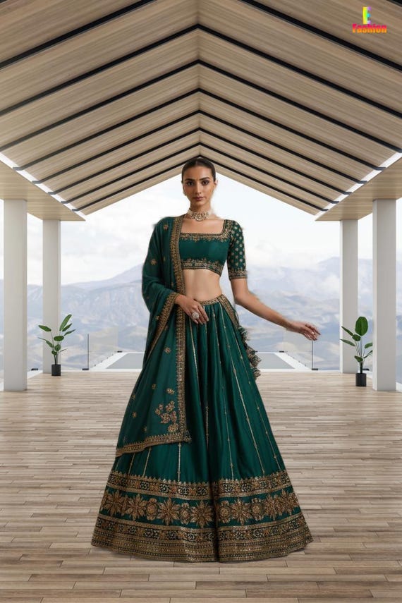 indian green dress for mehndi function Dark Lengha Choli Women Party Wear Lahenga Outfit recomm_dr0000390