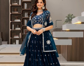 Teal Blue Georgette Lehenga Choli Set Embroidered, Sequence Work Indian Trendy Outfit