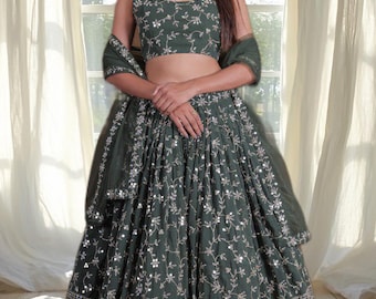 Specjalny strój na imprezę z mehendi, zielony zestaw lehenga choli, indyjski strój dla kobiet
