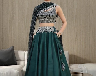 Zielona Lehenga Choli z zestawem dupatta i haftowaną lengha, indyjski strój ślubny