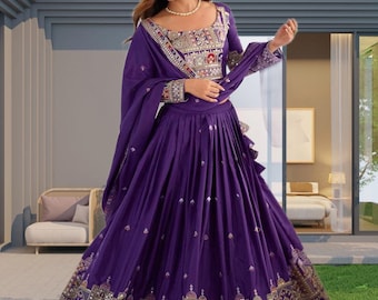 Lehenga Choli púrpura para mujer, bordado, atuendo indio para boda, fiesta, lengha