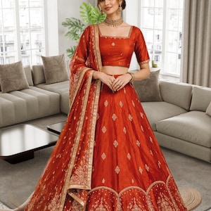 Orange Lengha Choli For Women Thread, Sequence Work Function Party Wedding Wear Lahenga
