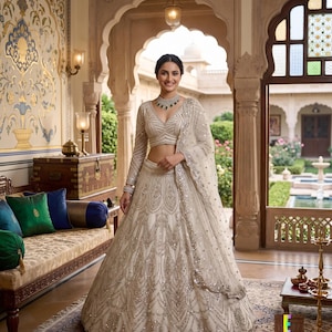 Off White Lehenga Choli Set: Sequins Coding Work Indian Wedding Wear Outfit