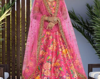 Lehenga Choli rosa com estampa floral para mulheres, em seda artificial, ideal para noivas e damas de honra.