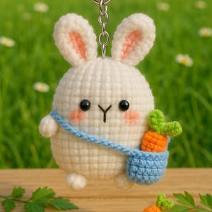 Crochet Bunny Keychain: Handmade Amigurumi Rabbit with Carrot Bag