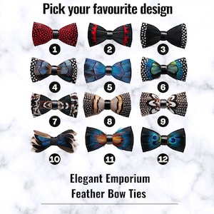 Puede incluir: Una variedad de doce pajaritas de plumas en varios diseños y colores, incluyendo rojo, negro, azul y marrón. Se muestra el texto "Pick your favourite design" y "Elegant Emporium Feather Bow Ties".