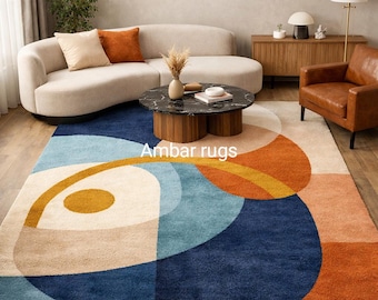 Blue Orange Abstract Wool Rug Hand Tufted Area Rug Modern Luxury Custom Designer Carpet