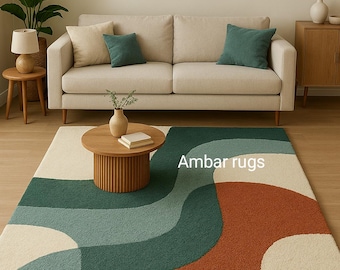 Green Rust Abstract Rug Hand Tufted Wool  Modern Area Custom Luxury Rug