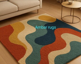 Hand Tufted Multicolor Wavy Abstract Rug Modern Curved Design Wool Area Rug Artistic Colorful Carpet Living Room