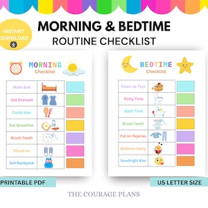 Op de afbeelding: Een afdrukbare PDF-checklist voor ochtend- en avondroutines. De checklist bevat illustraties voor taken zoals bed opmaken, aankleden, tandenpoetsen en meer. De tekst op de afbeelding luidt "Morning & Bedtime Routine Checklist".