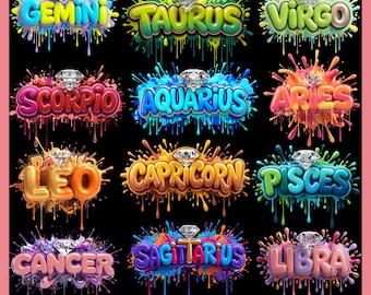 Dierenriemhoroscopen Graffiti PNG-bundel | 12 sterrenbeelden sublimatiebestanden | Digitale download astrologie