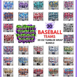 Pode incluir: Um pacote de 30 designs de copos de equipas de baseball. Cada embalagem de copo de 591 ml apresenta um logótipo da equipa com um design em estilo graffiti. A imagem inclui equipas como os Royals, Yankees e Cardinals.