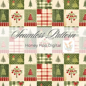 Puede incluir: Un patrón navideño sin costuras con un diseño de patchwork. Presenta cuadrados de cuadros rojos y verdes, lunares e ilustraciones de árboles de Navidad. El texto "Seamless Pattern" y "Honey Hop Digital" son visibles.