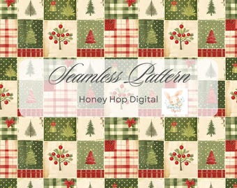 May include: A seamless Christmas pattern with a patchwork design. It features squares of red and green plaid, polka dots, and Christmas tree illustrations. The text "Seamless Pattern" and "Honey Hop Digital" are visible.