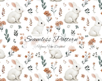 Naadloos patroon aquarel konijntje: babykonijn met grillige bloemen (PNG)