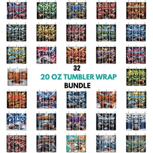 May include: A collection of 32 tumbler wraps, each featuring a different NFL team logo and colors. The wraps are designed for 20 oz tumblers and include teams like the Giants, Jets, Rams, and Commanders. The text "20 OZ TUMBLER WRAP BUNDLE" is displayed.