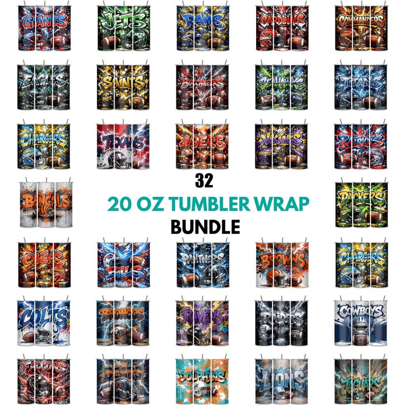 May include: A collection of 32 tumbler wraps, each featuring a different NFL team logo and colors. The wraps are designed for 20 oz tumblers and include teams like the Giants, Jets, Rams, and Commanders. The text "20 OZ TUMBLER WRAP BUNDLE" is displayed.