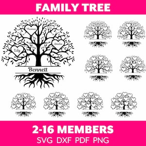 May include: Black and white family tree design with heart-shaped leaves and space for names. The tree has a banner for a family name and roots. The image includes the text "FAMILY TREE" and "2-16 MEMBERS".