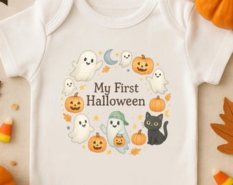 Baby First Halloween Png, My 1st Halloween Gift, Ghost & Pumpkin Clipart, Baby Boy Newborn Halloween Onesie, Keepsake Sublimation for Cricut