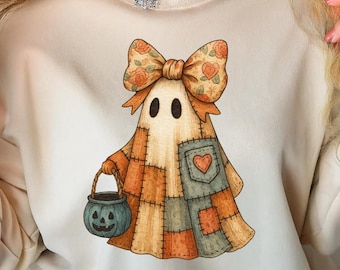 Retro Halloween Blue Denim Ghost Png, Trendy Patchwork Spooky Ghost Png, Cute Boo Ghost Coquette Bow, Fall Trick or Treat, Spooky Season PNG