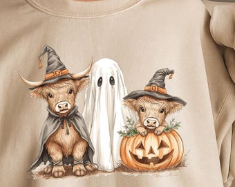 Highland Cow Halloween PNG | Cute Ghost Cow Pumpkin Clipart | Fall Sublimation Design for Shirts, Mugs & Spooky Season Crafts