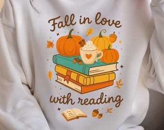 Fall In Love With Reading SVG, Cozy Autumn Clipart, Book Lover PNG Design, Pumpkins & Teachers Sublimation,  Autumn Leaves Digital Download
