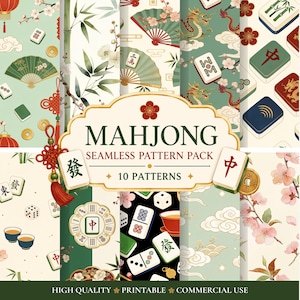 Op de afbeelding: Een digitale collectie van tien naadloze patronen met Mahjong-tegels, rode lantaarns, vouwwaiers, bamboestengels, kersenbloesems en gouden munten. Het centrale label toont de tekst MAHJONG SEAMLESS PATTERN PACK 10 PATTERNS.