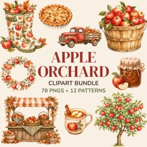 Puede incluir: Un paquete de imágenes prediseñadas digitales titulado APPLE ORCHARD que presenta ilustraciones en acuarela de manzanas rojas, una cesta de madera, un camión rojo, un pastel, una corona, un puesto de mercado, una taza con canela y un manzano.