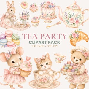 May include: A digital collection of watercolor illustrations featuring a rabbit, a mouse, a kitten in a teacup, and a teddy bear with tea party elements including a floral teapot, tiered cake, macarons, cupcakes, and a croissant with the text TEA PARTY CLIPART PACK 100 PNGS 300 DPI.