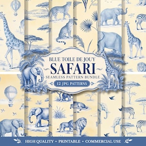 May include: A digital bundle of 12 seamless patterns featuring blue toile de jouy safari illustrations on a cream background. The text reads BLUE TOILE DE JOUY SAFARI SEAMLESS PATTERN BUNDLE 12 JPG PATTERNS HIGH QUALITY PRINTABLE COMMERCIAL USE.