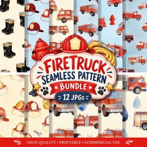 May include: A digital seamless pattern bundle featuring watercolor illustrations of red fire trucks, yellow fire hoses, red fire hydrants, and black boots. The central text reads FIRETRUCK SEAMLESS PATTERN BUNDLE 12 JPGS. The background displays various firefighting equipment motifs.