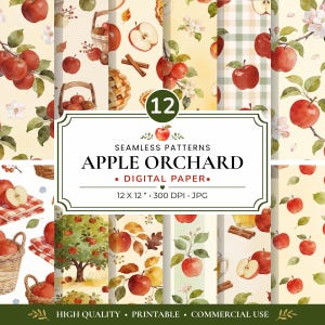 Puede incluir: Una colección de 12 patrones de papel digital sin costuras con ilustraciones en acuarela de manzanas rojas, manzanos, cestas, ramas de canela y tartas de manzana sobre fondos crema, blancos y de cuadros con el texto Apple Orchard Digital Paper.