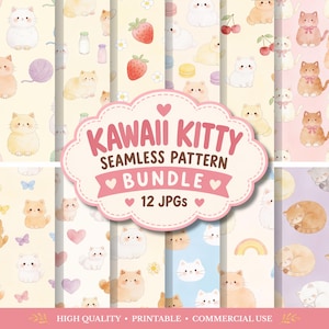 May include: A digital collection of 12 seamless patterns featuring watercolor illustrations of cats, strawberries, cherries, hearts, and rainbows. The central label displays the text KAWAII KITTY SEAMLESS PATTERN BUNDLE 12 JPGs.