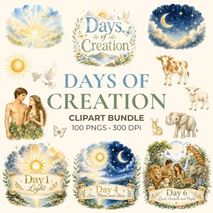 May include: A digital clipart bundle titled Days of Creation featuring watercolor illustrations of celestial bodies, animals, and figures. The collection includes 100 PNG files at 300 DPI, showcasing scenes of light, sun, moon, stars, land animals, and people.