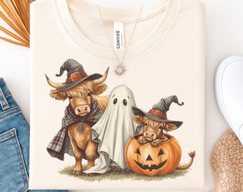 Highland Cow Halloween PNG, Cute Pumpkin Clipart, Spooky Season Sublimation Design, Digital Download for Fall Crafts, Autumn Halloween Shirt