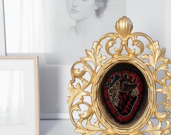 Embroidered Anatomical Heart In Cast Iron Gold Frame, Framed Anatomical Heart, Embroidered Heart Framed, Sacred Heart Framed, Broken Heart