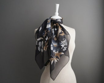 Vintage Italian Black & Blue Floral Scarf, Sheer Black Italian Headscarf, Sheer Black Navy Beige Floral Scarf, Sheer Flower Italian Kerchief