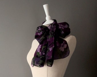 Long Sheer Floral Scarf, Purple & Green Long Sheer Shawl Scarf, Sheer Lightweight Floral Headscarf, Sheer Purple Kerchief, Dark Purple Shawl