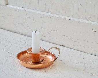 Copper & Brass Candle Holder, Vintage Brass Finger Loop Candle Holder, Hammered Candle Stick Holder, Old Fashioned Candle Stick Holder